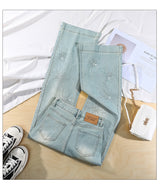 Light Wash Rhinestone Flare Jeans – Relaxed Wide Micro Flare Denim