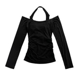 ドレープカウルネックホルターオフショルダーTシャツ