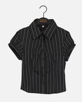 Giol Geek シック ストライプ シャーリング パフ 半袖シャツ
