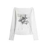 Cross Print ボートネックTシャツ 232790406