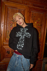 Cross Skeleton Fur Hooded Zip-Up in Black