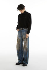 Wasteland Fitter Oil-stained Dirty Fit Straight-leg Hole Jeans