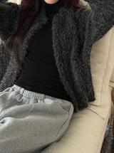 Hairy crop round knit cardigan(3color)