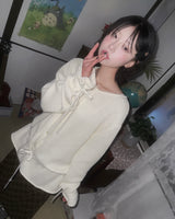 (3color) Ribbon Flare Shirring Loose-Fit Knit Cardigan