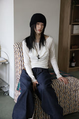 Suede patch denim pants
