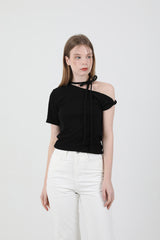 オフショルダーツイスト半袖Tシャツ Black