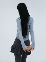 SLIM LONG BUTTON HOODIE TOP(BLUE)