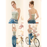 [GirlyFancyClub] Bright Dopamine Outfit Music Festival Hot Girl Striped Knit Camisole Halter Tank Top