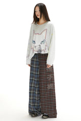 Retro elastic waistband comfortable casual and laid-back color-blocked straight-leg checkered pants