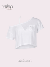 クラッシュワイドビーズネックショートスリーブTシャツ
