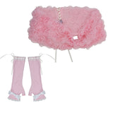[EVIL TOOTH] Summer Rose Dinner Princess Style Bow 3D Chiffon Rose Flower Plate Chiffon Faux Fur Gloves Set-pink