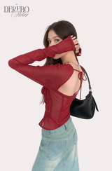 レッドシフォン ロングスリーブブラウス