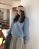 クロヘアリーボーダーヘンリーネックニット