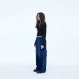 Washing Corduroy Cargo Banding Denim Pants Blue