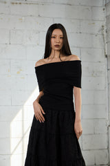 ドレープ オフショルダー Tシャツ-ブラック