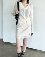 Pleats button wrap see through cardigan