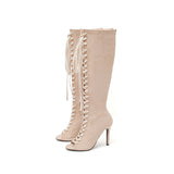 Suede Lace-Up Open Toe Boots Heel(Beige)
