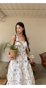 Blue Flower Cotton Sleeveless Long Dress