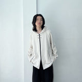 Waffle Knit Double-Zip Button Detail Hooded Jacket