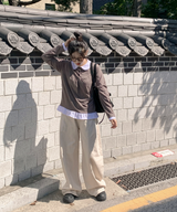 ラウンドカラーストライプフリルTシャツ