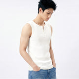 Ribbed Henley-Neck Sleeveless Top White