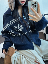 スノーフラワーカラーノルディックツーウェイジッパーニットジップアップ❤🖤🤎🩶🤍5カラー