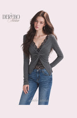 Roy Black Halter Lace Twist Long Sleeve T-shirt