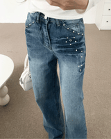 リベットアイレットパンチングウォッシュドワイドデニムパンツ (デニム)