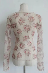 SHEER FLORAL SQUARE-NECK TOP