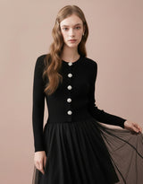 Amelia Jewel Button Rib Knit Cardigan Black