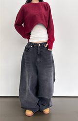 (WARMER DETAIL!) シッククロップドワイドルーズラウンドニット - 2 COLOR