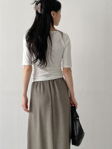 Pintuck U-Neck Elbow Length T-Shirt