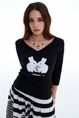 ラビットレースVネックTシャツ
