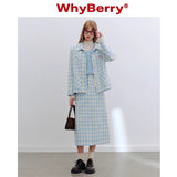 Why Berry 24SS "Sea Salt Bubble" ブルーアンドホワイトチェッカーショートコートショルダーパッドストレートジャケット