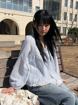 アンナ ストライプ レース フリル レイヤード ブラウス