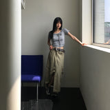 Chano リボンストラップラウンドシャーリングクロップド半袖Tシャツ