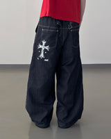 Bone Cross Stud Wide Denim Pants