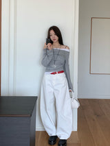 Milky Unbalance Off-Shoulder Boatneck Shirring Long Sleeve T 