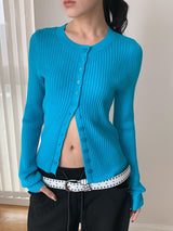 Chewing Ribbed Button Round Neck Long Sleeve Cardigan