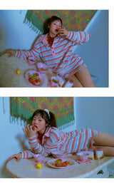 ハイビスカスストライプTシャツ red