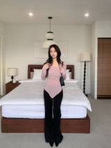 ベールラップシャーリングアシンメトリック長袖Tシャツ