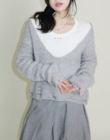 オープンスタッド Uネック ラウンドロング-sleeved T-shirt