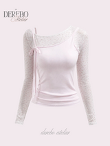 ベイビーピンクフローラルレイヤードロングスリーブTシャツ