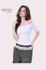 Sherbet off-shoulder button short sleeve T-shirt
