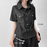 Slim Fit Short-Sleeved Denim Shirt Stitch Point Collar Blue Shirt (3 colors)