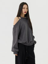 Cutout Halter Neck Sweat Long T-Shirt, Charcoal