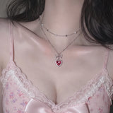 [IDLE Shuhua Necklace] ローズピンクハートプリンセスレイヤードネックレス - シルバーカラー