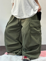 ストリング / コリアン 🤎 パラシュートかーごリベットセミワイドバルーンロングパンツ🤎🖤🩶💚 - 4カラーズ