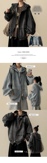 Wort Big Hood Overfit Denim Two Way Hooded Zip-Up Jumper 