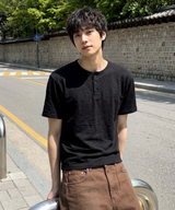 スラブヘンリーネッククロップTシャツ ブラック